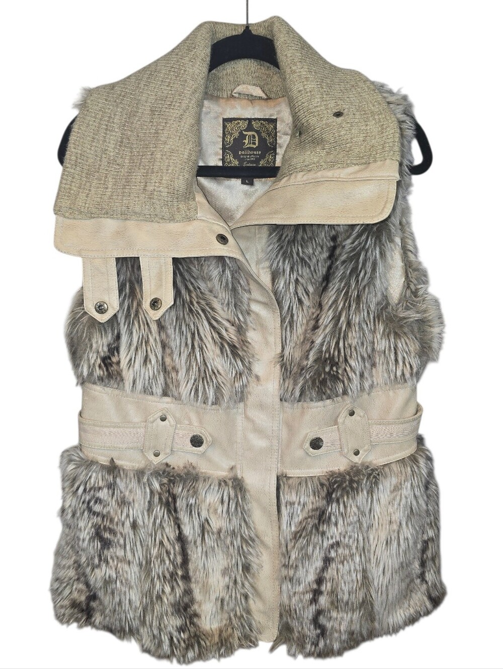 Dollhouse Faux Fur Vest Y2K Boho Belted Vegan Leather Trim Size Large